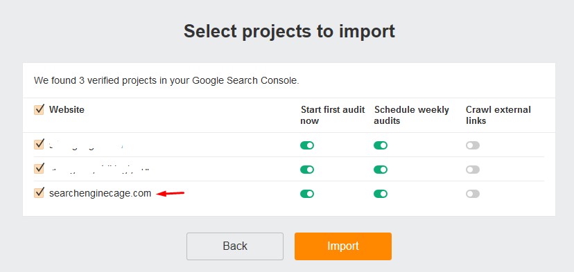 select website to import project data