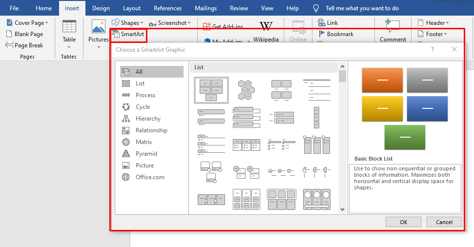 add list, process, cycle, hierarchy, relationship, matrix, pyramid, pictures to ms word