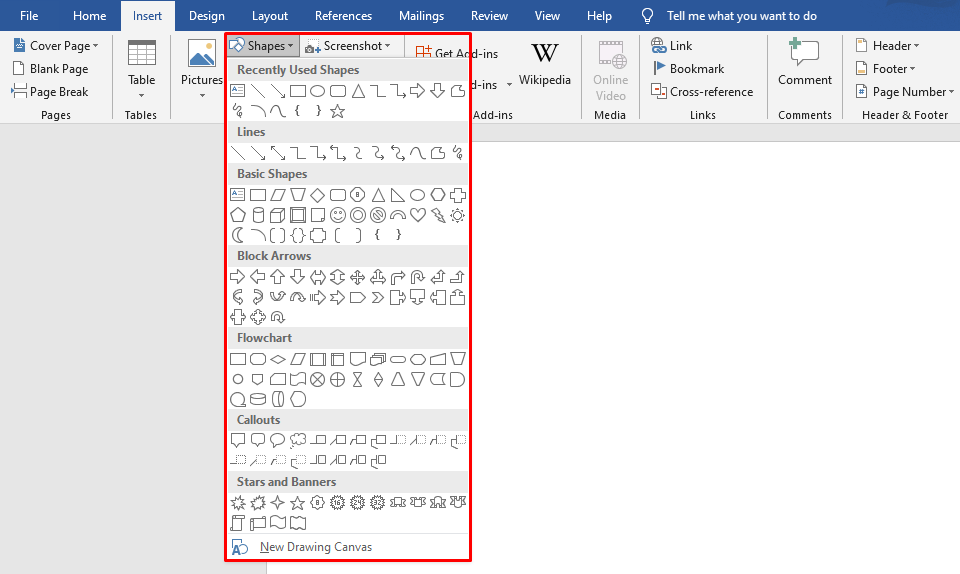 add various shapes like lines, basic shapes, block arrows, flowcharts, callouts, stars and banners to your word document.