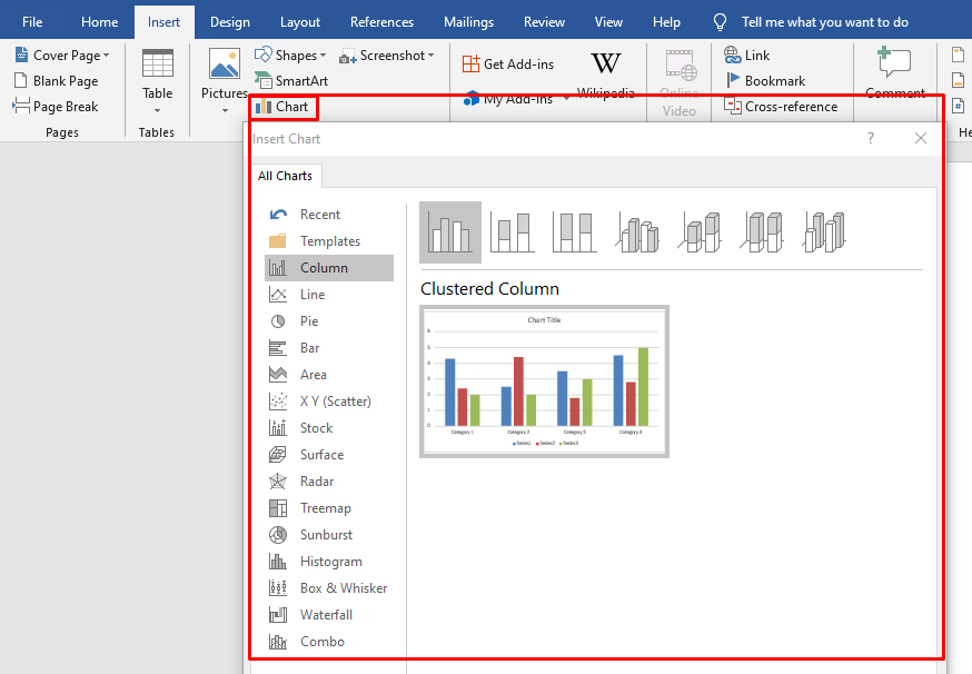 column chart, line chart, pie chart, bar chart, area chart, tree map to word file