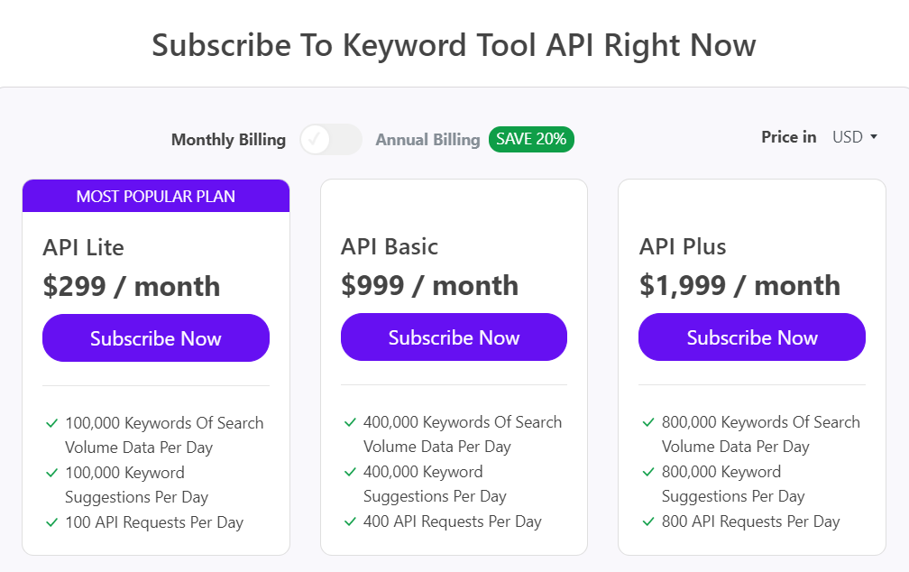 KeywordTool.io API Price Info.