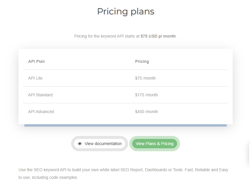 SEO Review Tools Keyword API Pricing Plan
