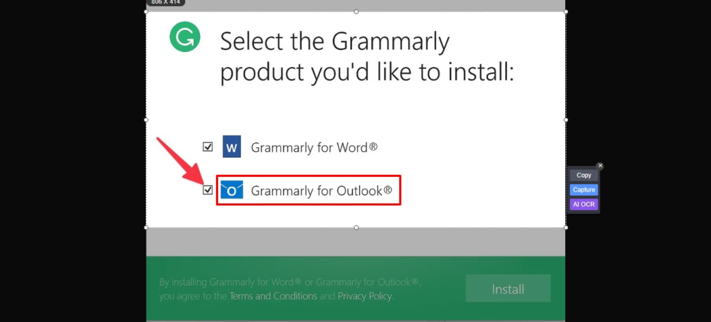 Tick the box next to Grammarly for Outlook and click on the Install button